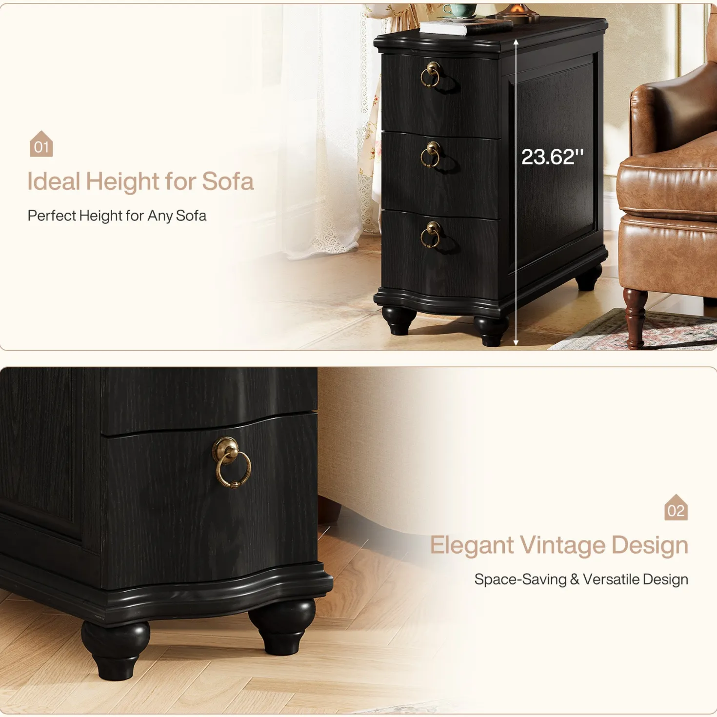 Wood Slim End Table, Fully Assembled Side Table Nightstand with 3-Drawers