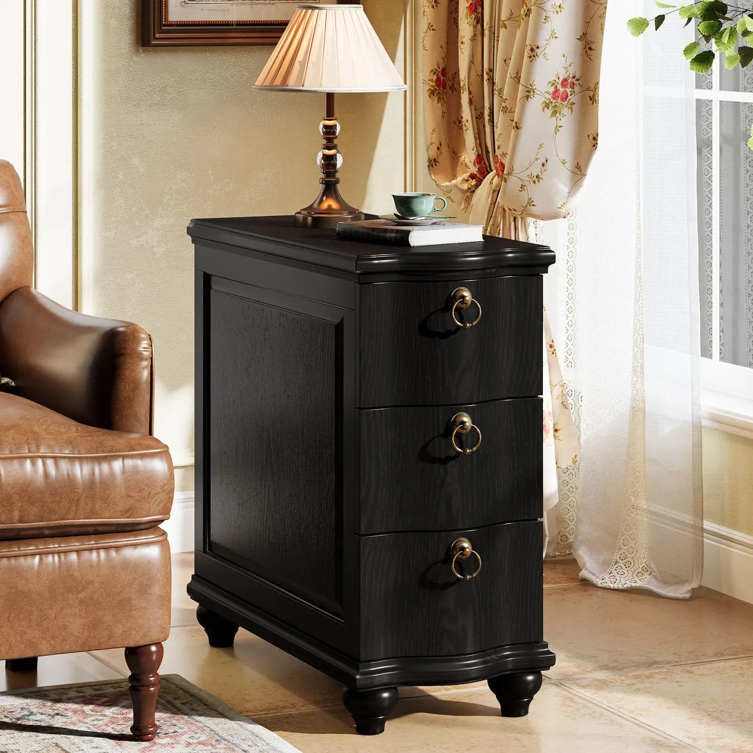 Wood Slim End Table, Fully Assembled Side Table Nightstand with 3-Drawers