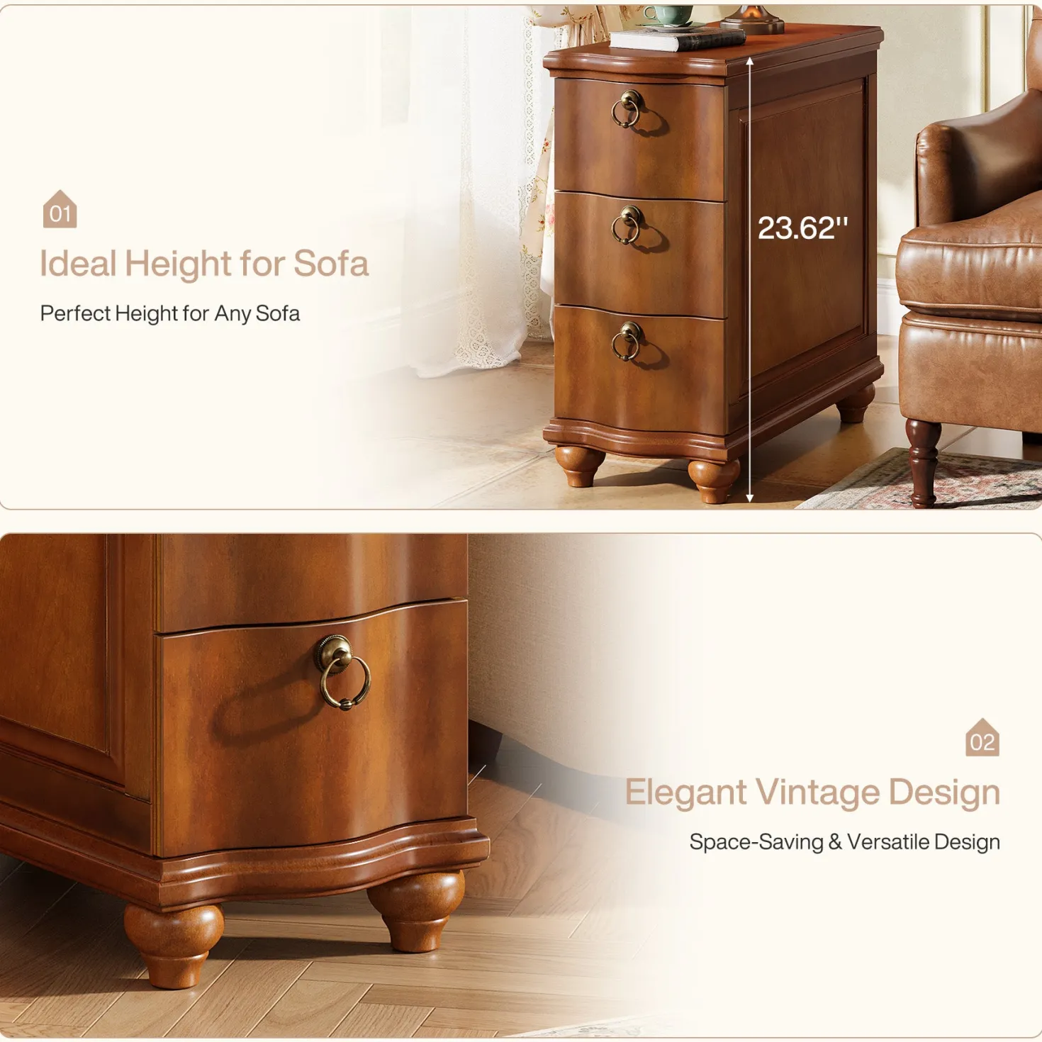 Wood Slim End Table, Fully Assembled Side Table Nightstand with 3-Drawers