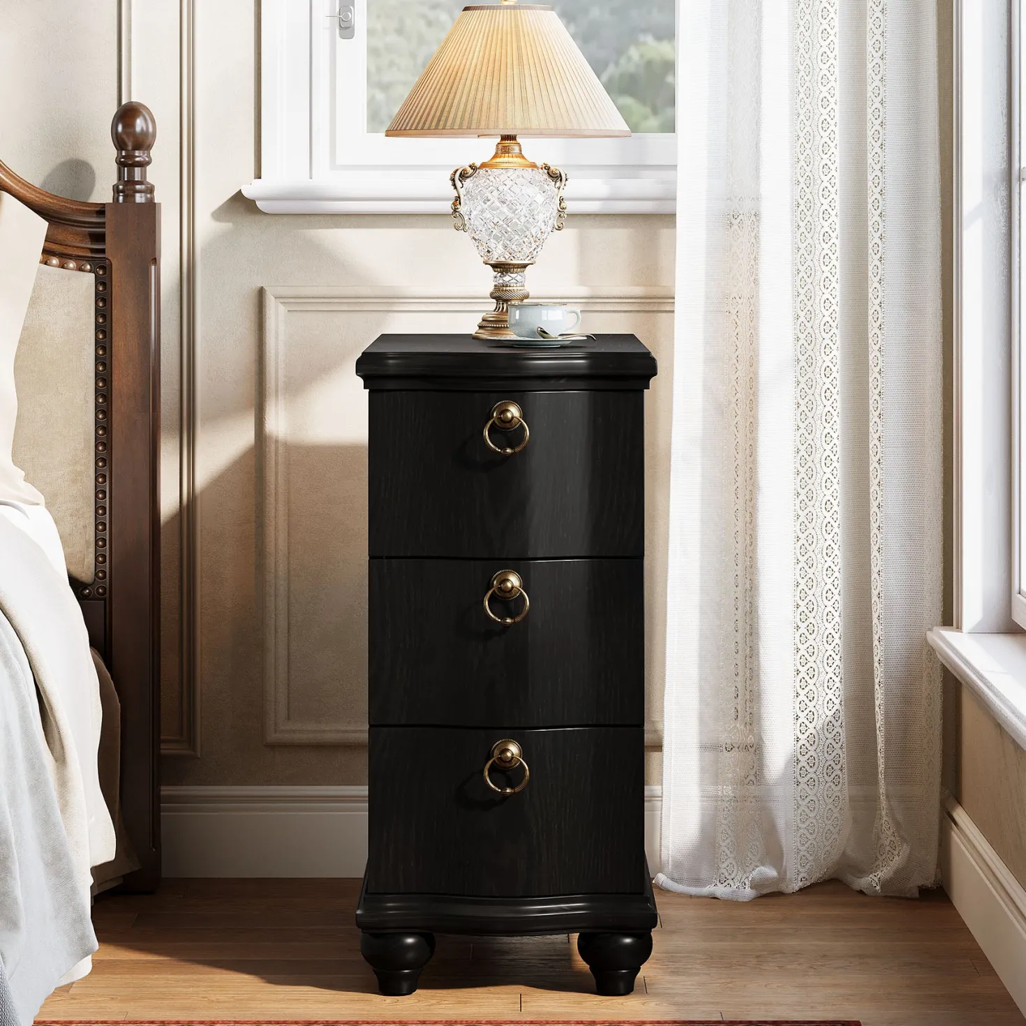 Wood Slim End Table, Fully Assembled Side Table Nightstand with 3-Drawers