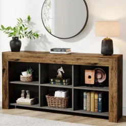 Wood Sofa Table, Rustic Console Table Entryway Table with 6 Storage Cubes