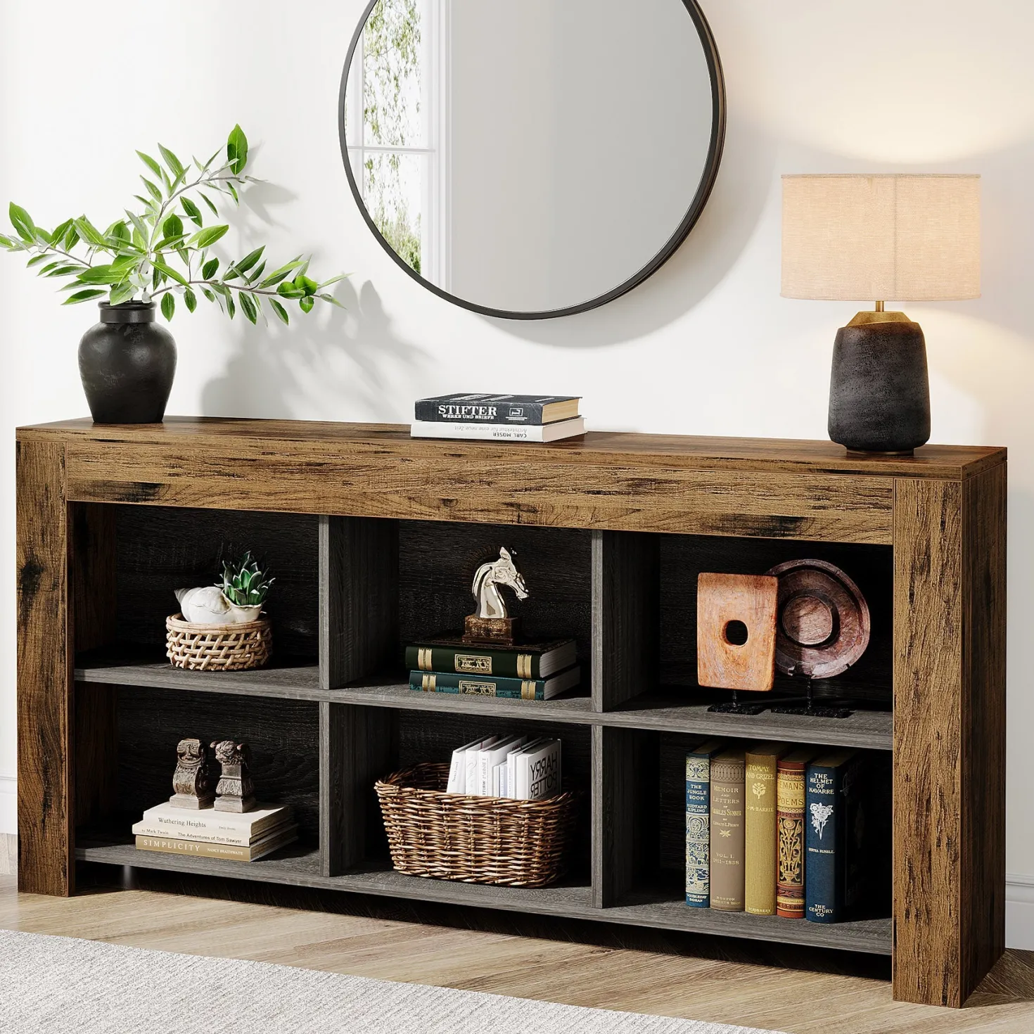 Wood Sofa Table, Rustic Console Table Entryway Table with 6 Storage Cubes