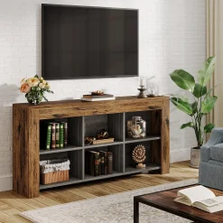 Wood Sofa Table, Rustic Console Table Entryway Table with 6 Storage Cubes