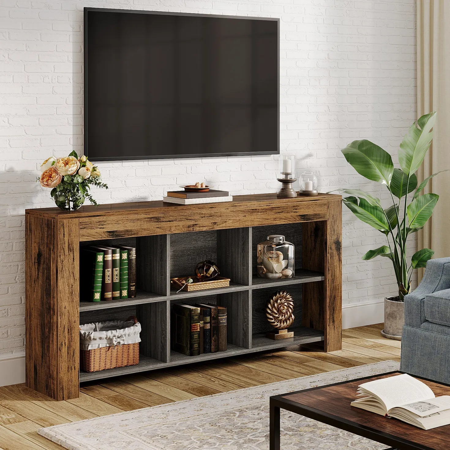 Wood Sofa Table, Rustic Console Table Entryway Table with 6 Storage Cubes