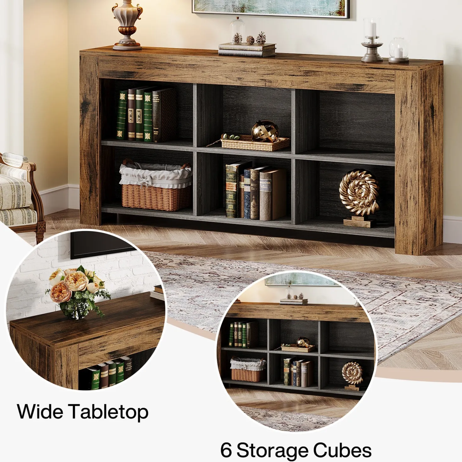 Wood Sofa Table, Rustic Console Table Entryway Table with 6 Storage Cubes