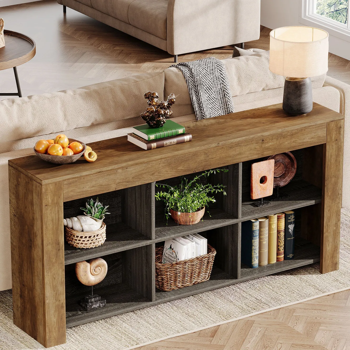 Wood Sofa Table, Rustic Console Table Entryway Table with 6 Storage Cubes