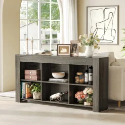 Wood Sofa Table, Rustic Console Table Entryway Table with 6 Storage Cubes