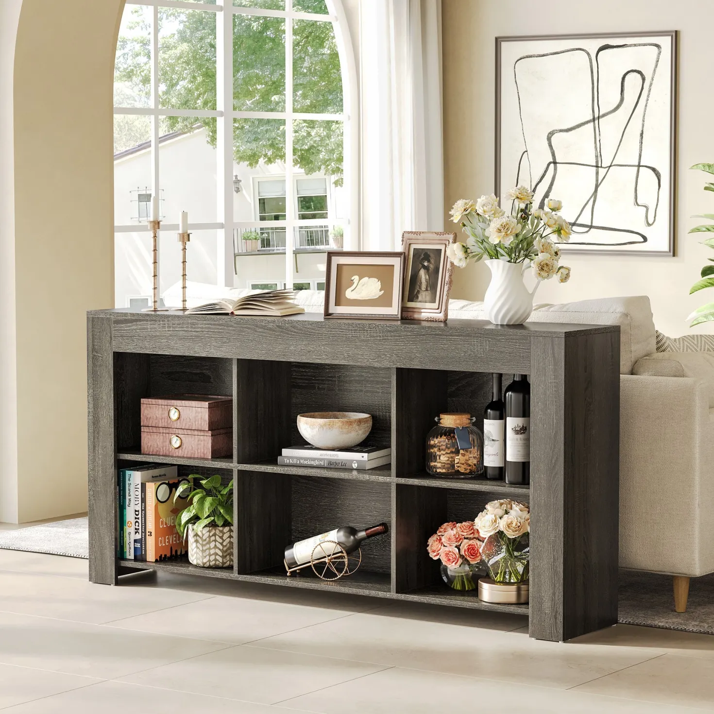 Wood Sofa Table, Rustic Console Table Entryway Table with 6 Storage Cubes
