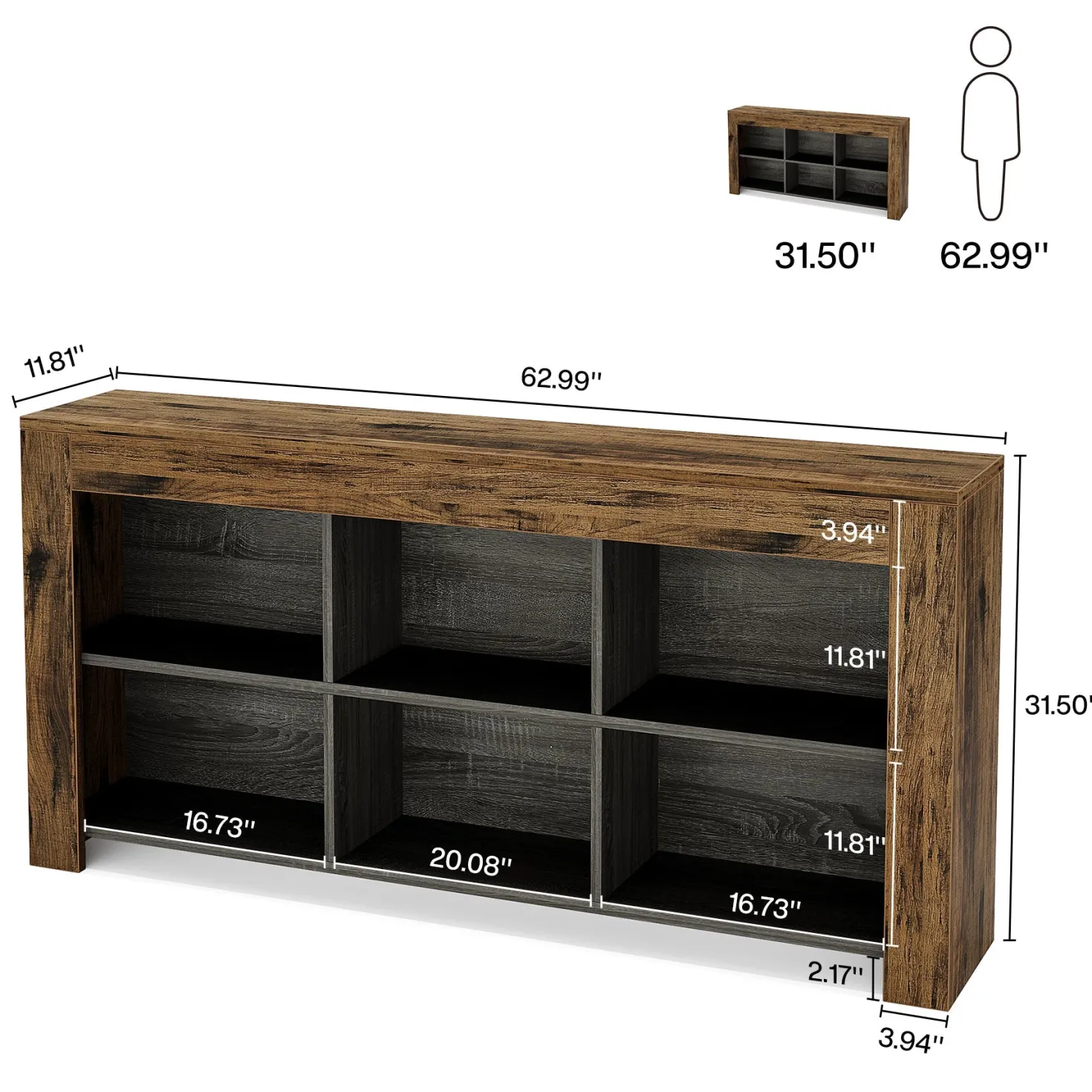 Wood Sofa Table, Rustic Console Table Entryway Table with 6 Storage Cubes