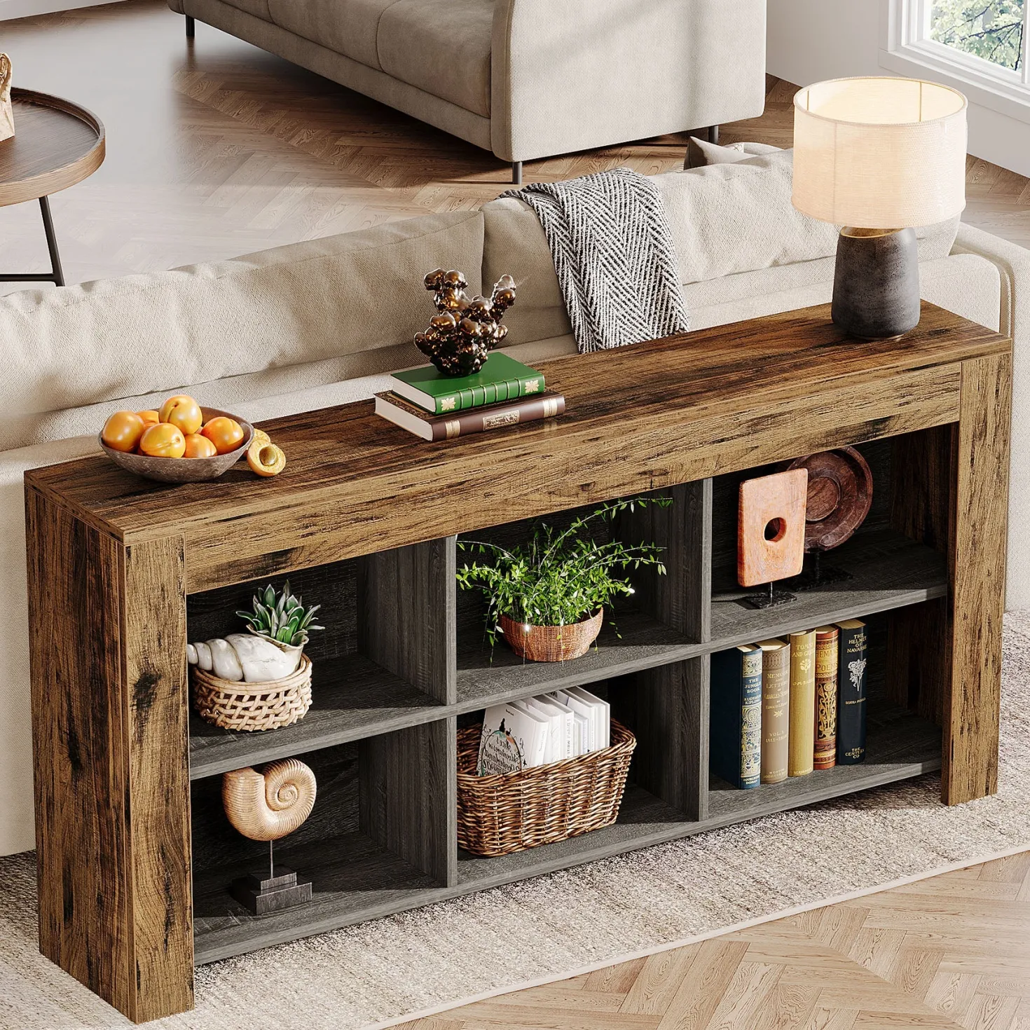 Wood Sofa Table, Rustic Console Table Entryway Table with 6 Storage Cubes
