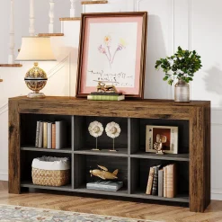 Wood Sofa Table, Rustic Console Table Entryway Table with 6 Storage Cubes