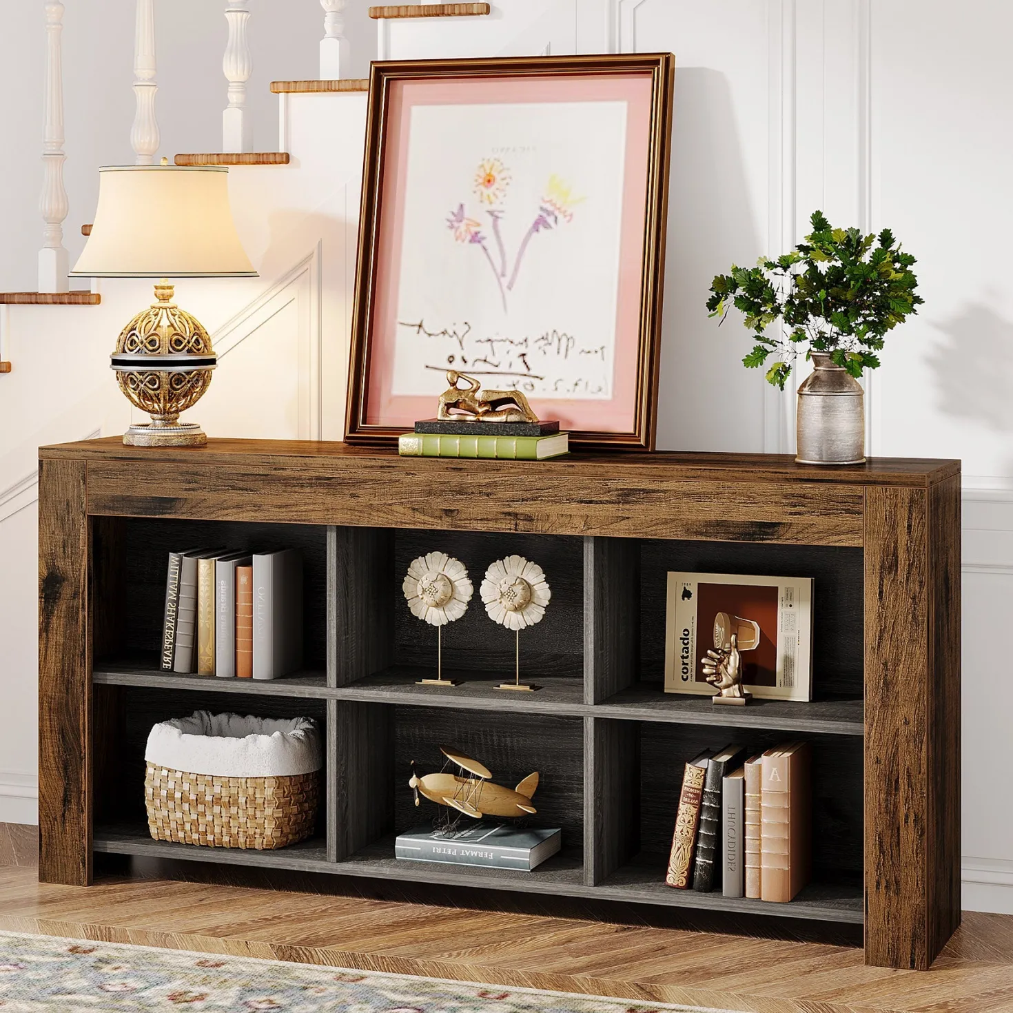 Wood Sofa Table, Rustic Console Table Entryway Table with 6 Storage Cubes