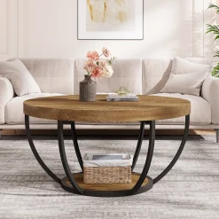 Wooden Coffee Table, 2-Tier Round Central Cocktail Table with Shelves