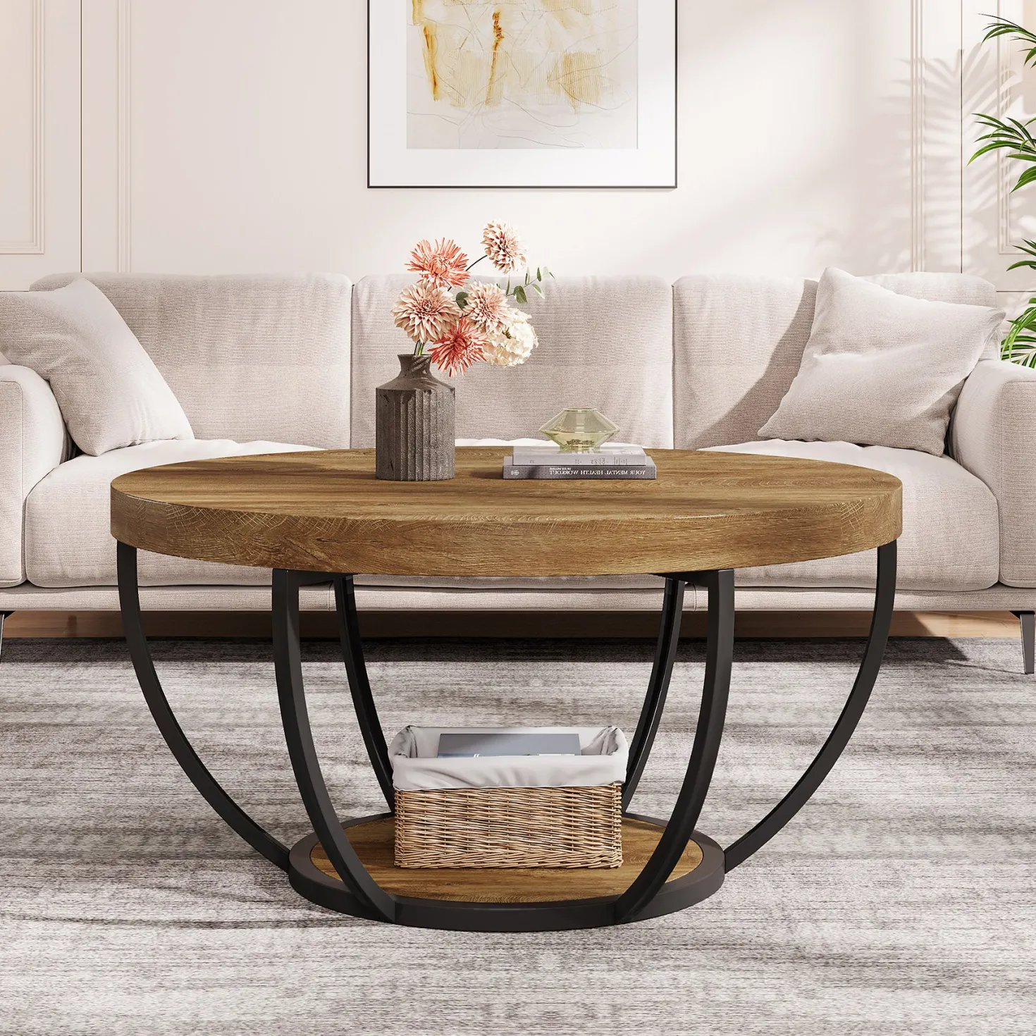 Wooden Coffee Table, 2-Tier Round Central Cocktail Table with Shelves
