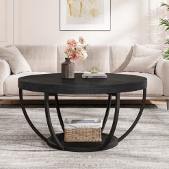 Wooden Coffee Table, 2-Tier Round Central Cocktail Table with Shelves