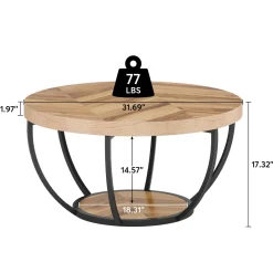 Wooden Coffee Table, 2-Tier Round Central Cocktail Table with Shelves