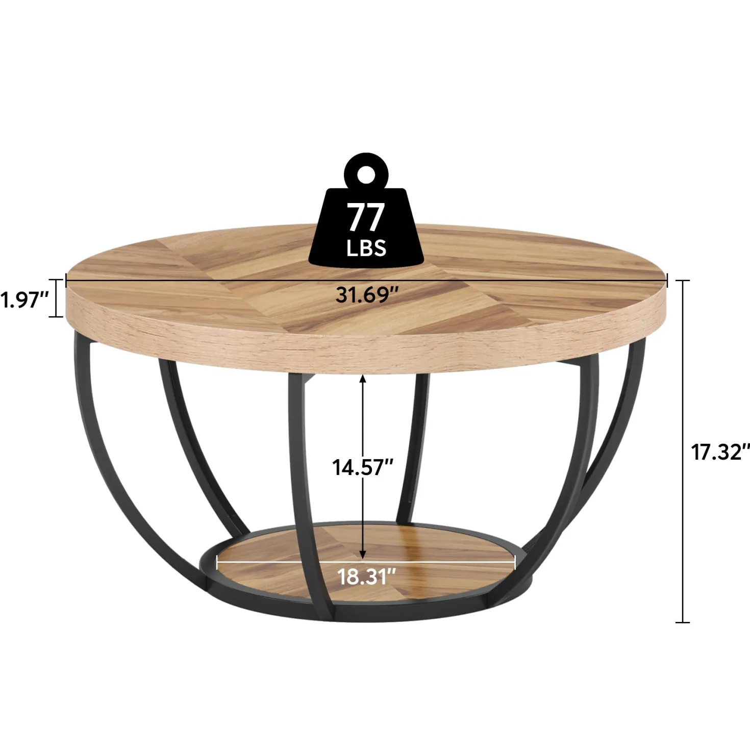 Wooden Coffee Table, 2-Tier Round Central Cocktail Table with Shelves