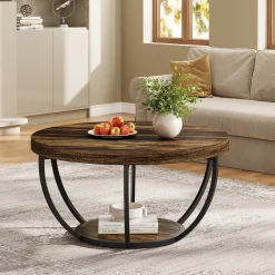 Wooden Coffee Table, 2-Tier Round Central Cocktail Table with Shelves