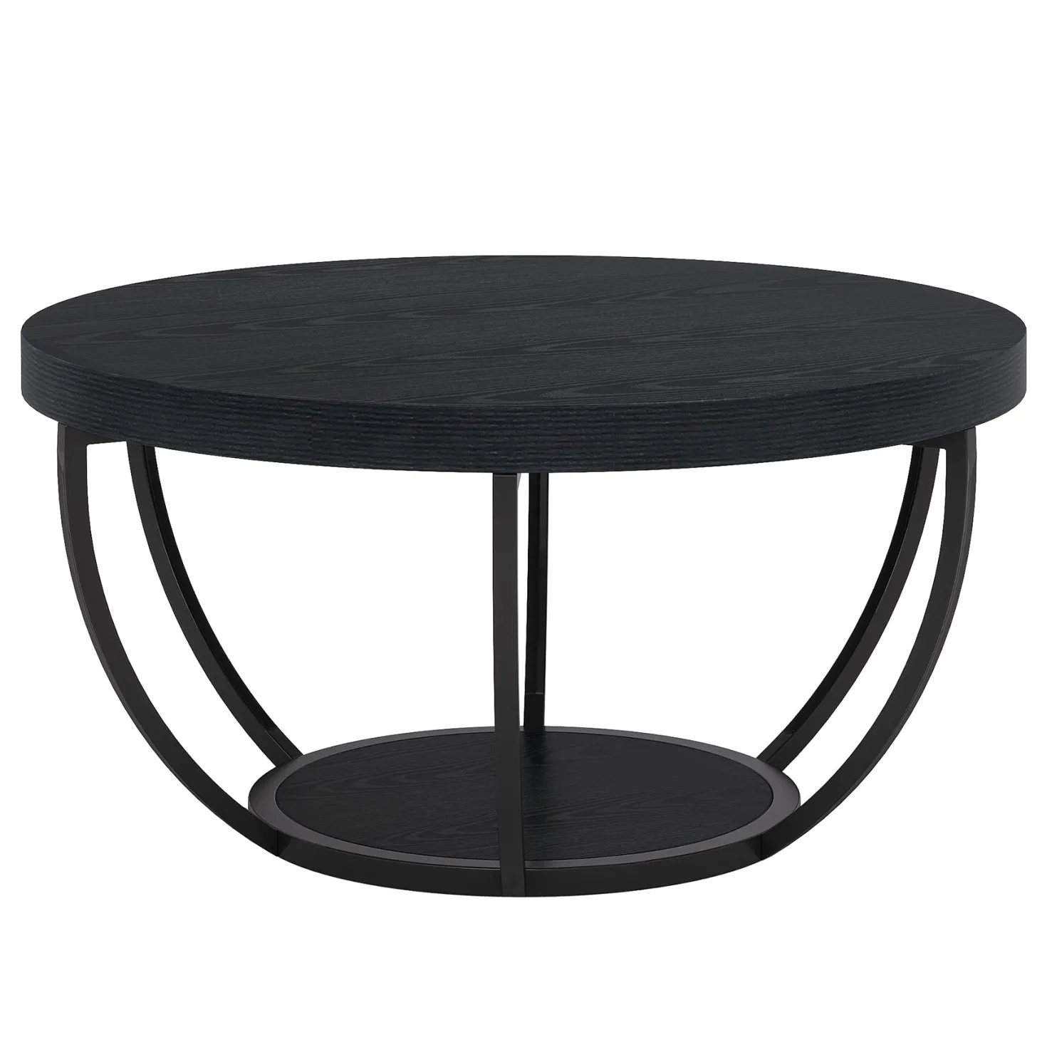 Wooden Coffee Table, 2-Tier Round Central Cocktail Table with Shelves