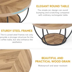 Wooden Coffee Table, 2-Tier Round Central Cocktail Table with Shelves