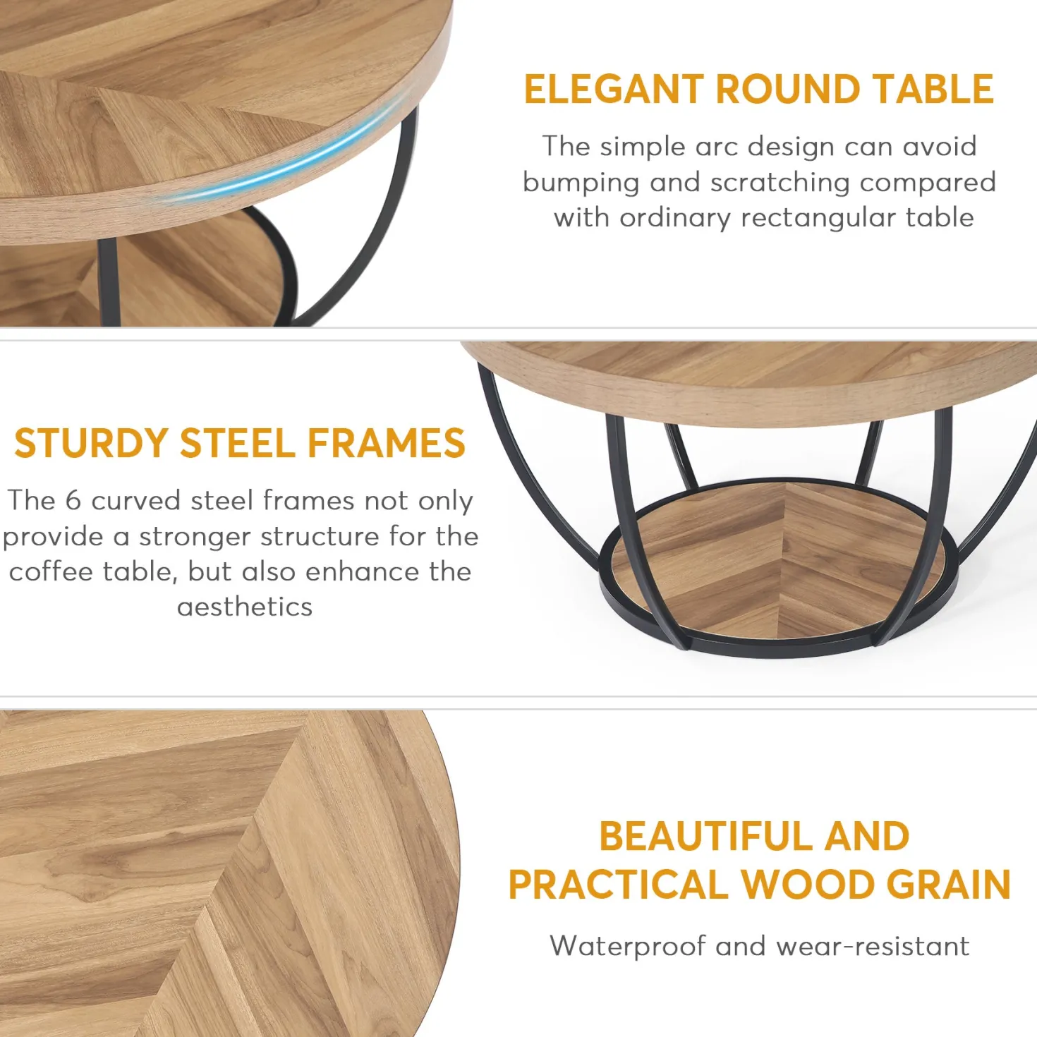 Wooden Coffee Table, 2-Tier Round Central Cocktail Table with Shelves