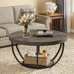 Wooden Coffee Table, 2-Tier Round Central Cocktail Table with Shelves