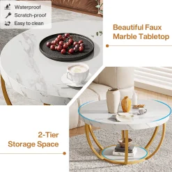 Wooden Coffee Table, 2-Tier Round Central Cocktail Table with Shelves