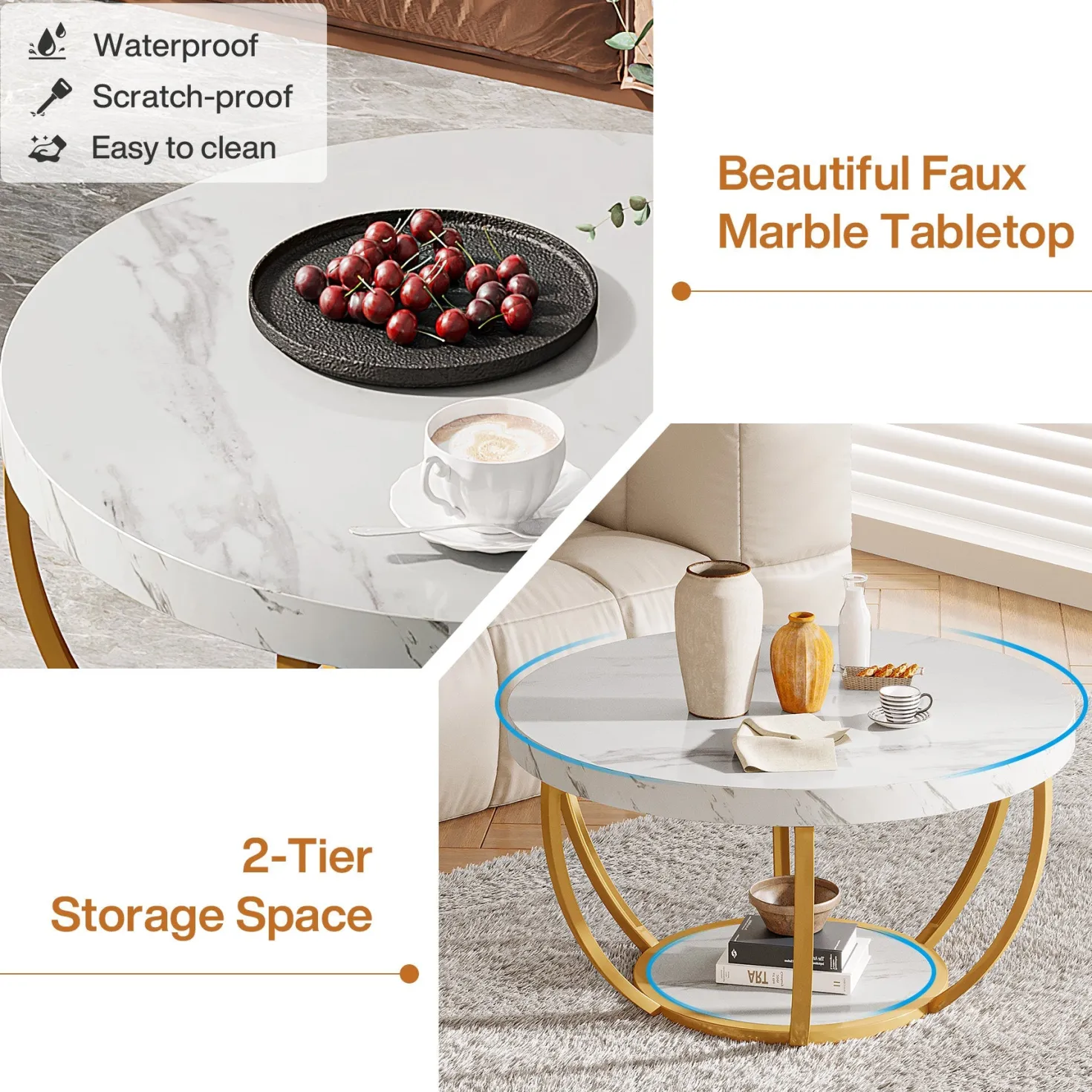 Wooden Coffee Table, 2-Tier Round Central Cocktail Table with Shelves