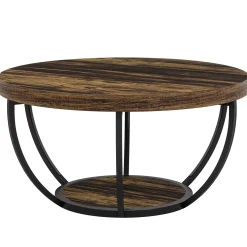 Wooden Coffee Table, 2-Tier Round Central Cocktail Table with Shelves