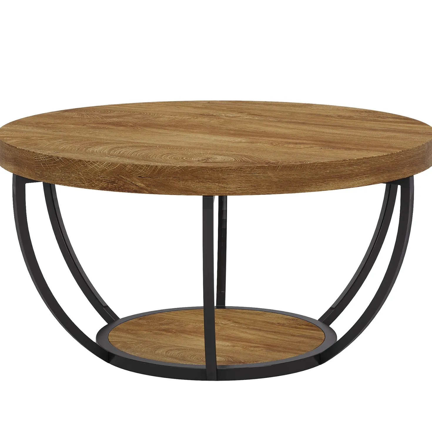 Wooden Coffee Table, 2-Tier Round Central Cocktail Table with Shelves