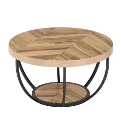 Wooden Coffee Table, 2-Tier Round Central Cocktail Table with Shelves