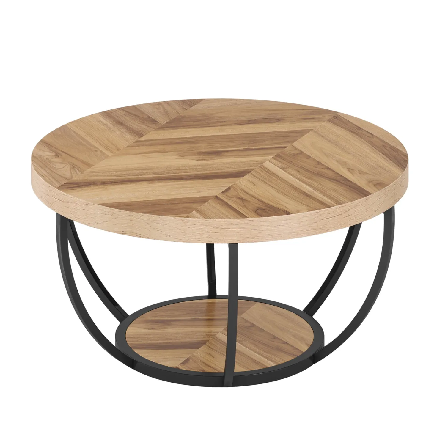 Wooden Coffee Table, 2-Tier Round Central Cocktail Table with Shelves