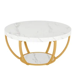 Wooden Coffee Table, 2-Tier Round Central Cocktail Table with Shelves