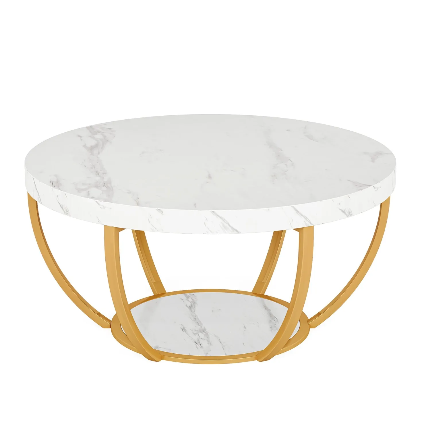 Wooden Coffee Table, 2-Tier Round Central Cocktail Table with Shelves