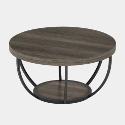 Wooden Coffee Table, 2-Tier Round Central Cocktail Table with Shelves