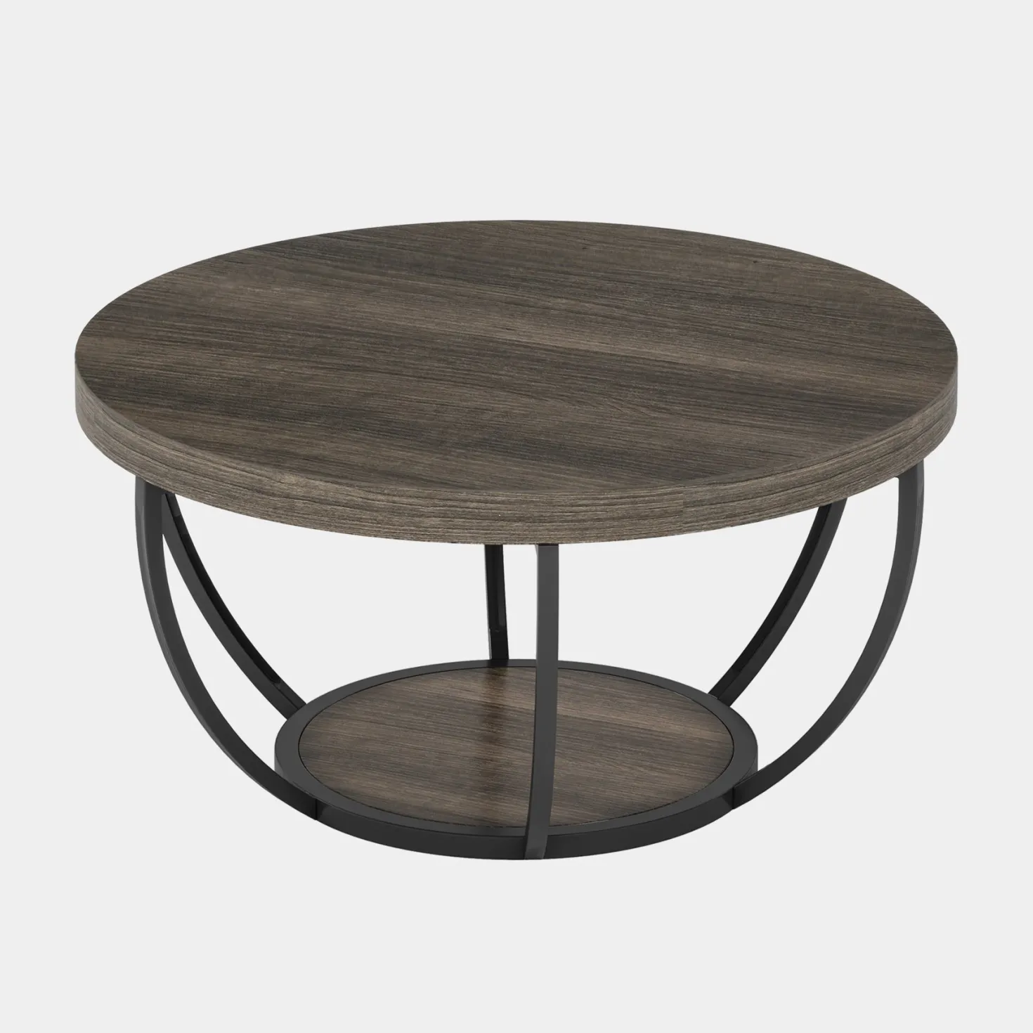 Wooden Coffee Table, 2-Tier Round Central Cocktail Table with Shelves