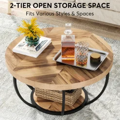 Wooden Coffee Table, 2-Tier Round Central Cocktail Table with Shelves