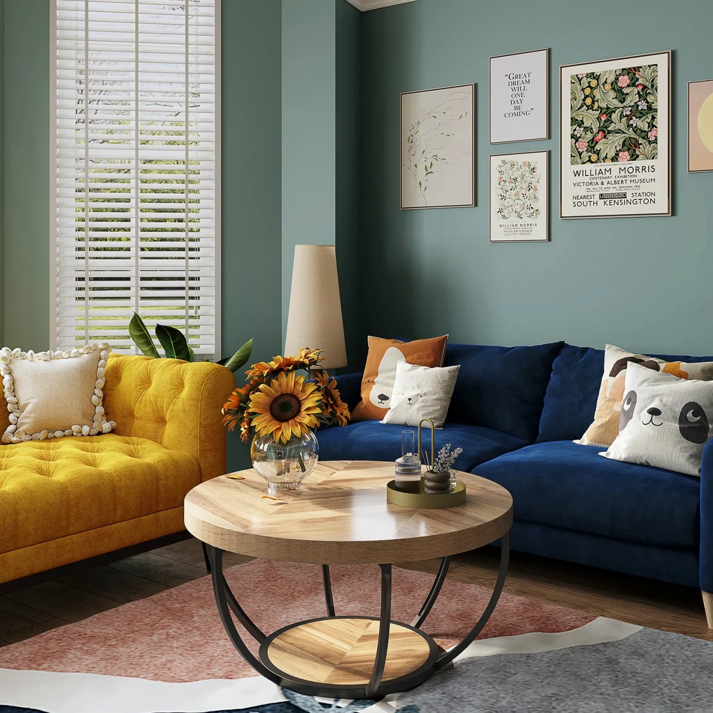 Wooden Coffee Table, 2-Tier Round Central Cocktail Table with Shelves