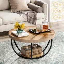 Wooden Coffee Table, 2-Tier Round Central Cocktail Table with Shelves