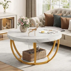 Wooden Coffee Table, 2-Tier Round Central Cocktail Table with Shelves