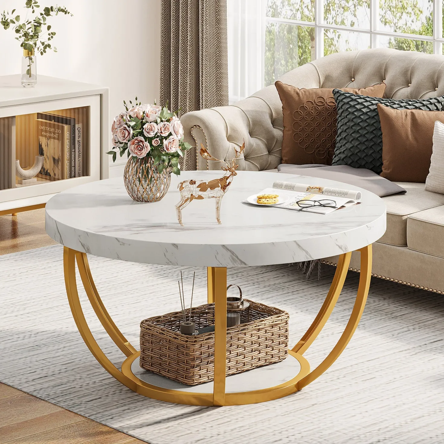 Wooden Coffee Table, 2-Tier Round Central Cocktail Table with Shelves