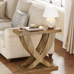 Wooden End Table, Farmhouse Side Table Nightstand with Cross Fishtail Support