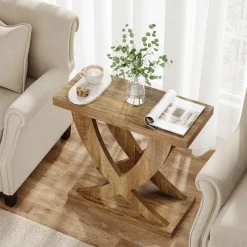 Wooden End Table, Farmhouse Side Table Nightstand with Cross Fishtail Support