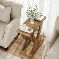 Wooden End Table, Farmhouse Side Table Nightstand with Cross Fishtail Support