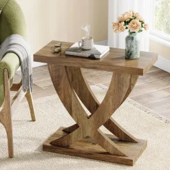 Wooden End Table, Farmhouse Side Table Nightstand with Cross Fishtail Support
