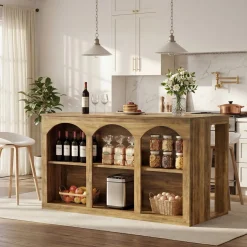 Wooden Kitchen Island, 55" Counter Height Coffee Bar Table with 2-Tier Shelves