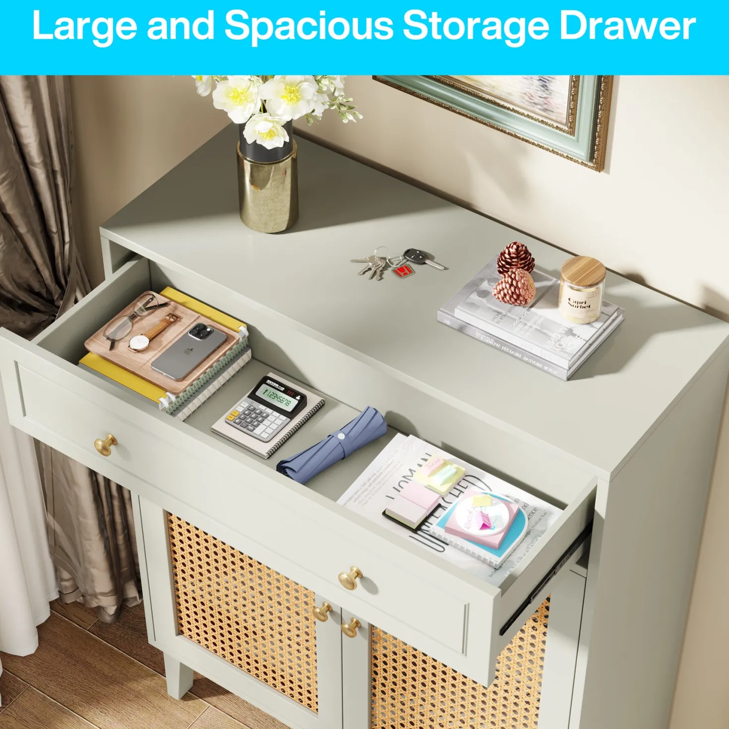 Wooden Shoe Cabinet, Rattan Shoe Organizer with Doors and Drawer