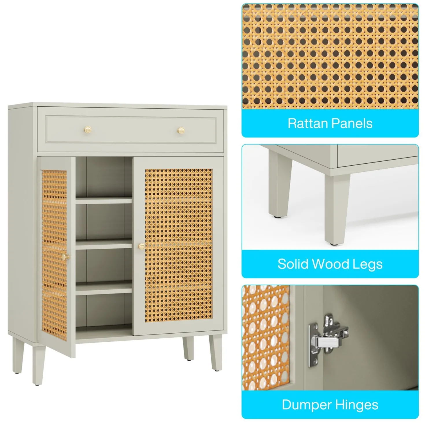 Wooden Shoe Cabinet, Rattan Shoe Organizer with Doors and Drawer