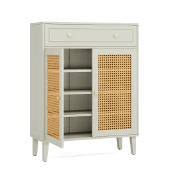 Wooden Shoe Cabinet, Rattan Shoe Organizer with Doors and Drawer