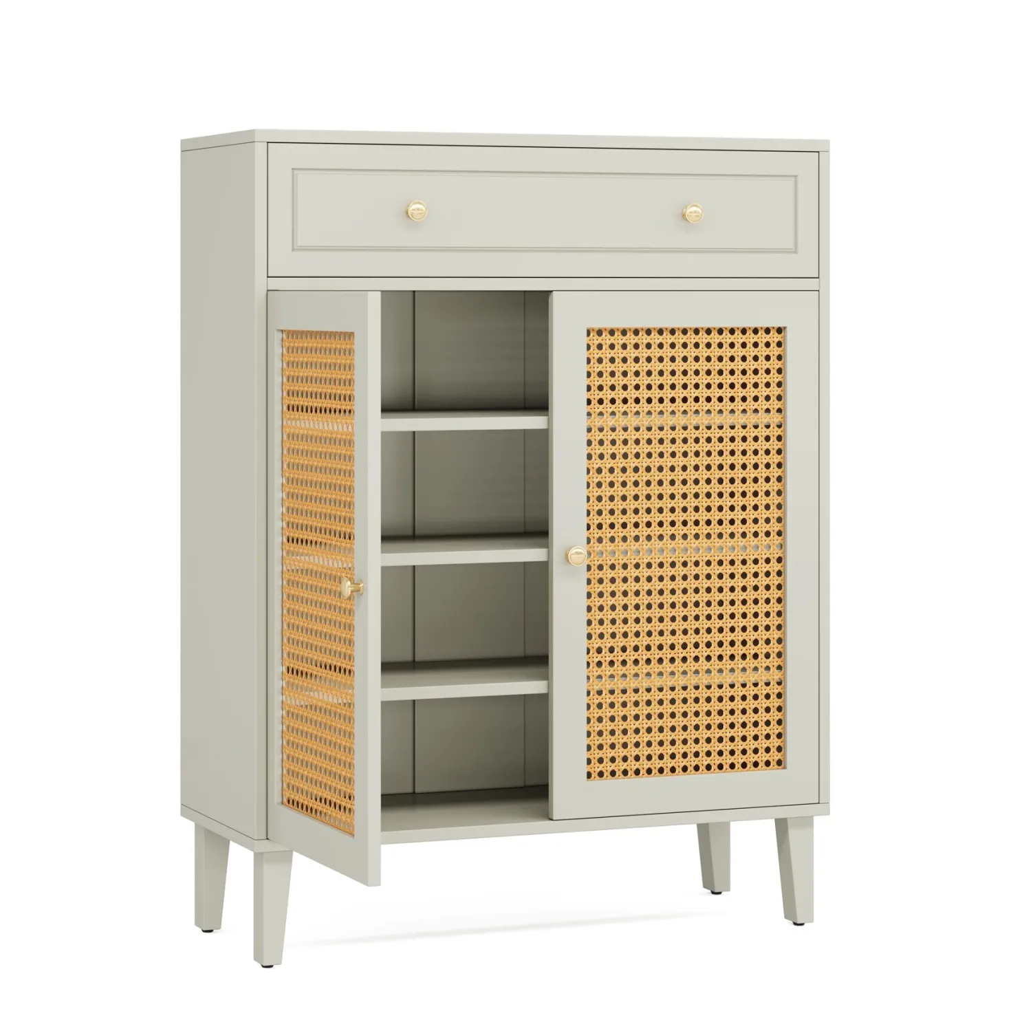 Wooden Shoe Cabinet, Rattan Shoe Organizer with Doors and Drawer